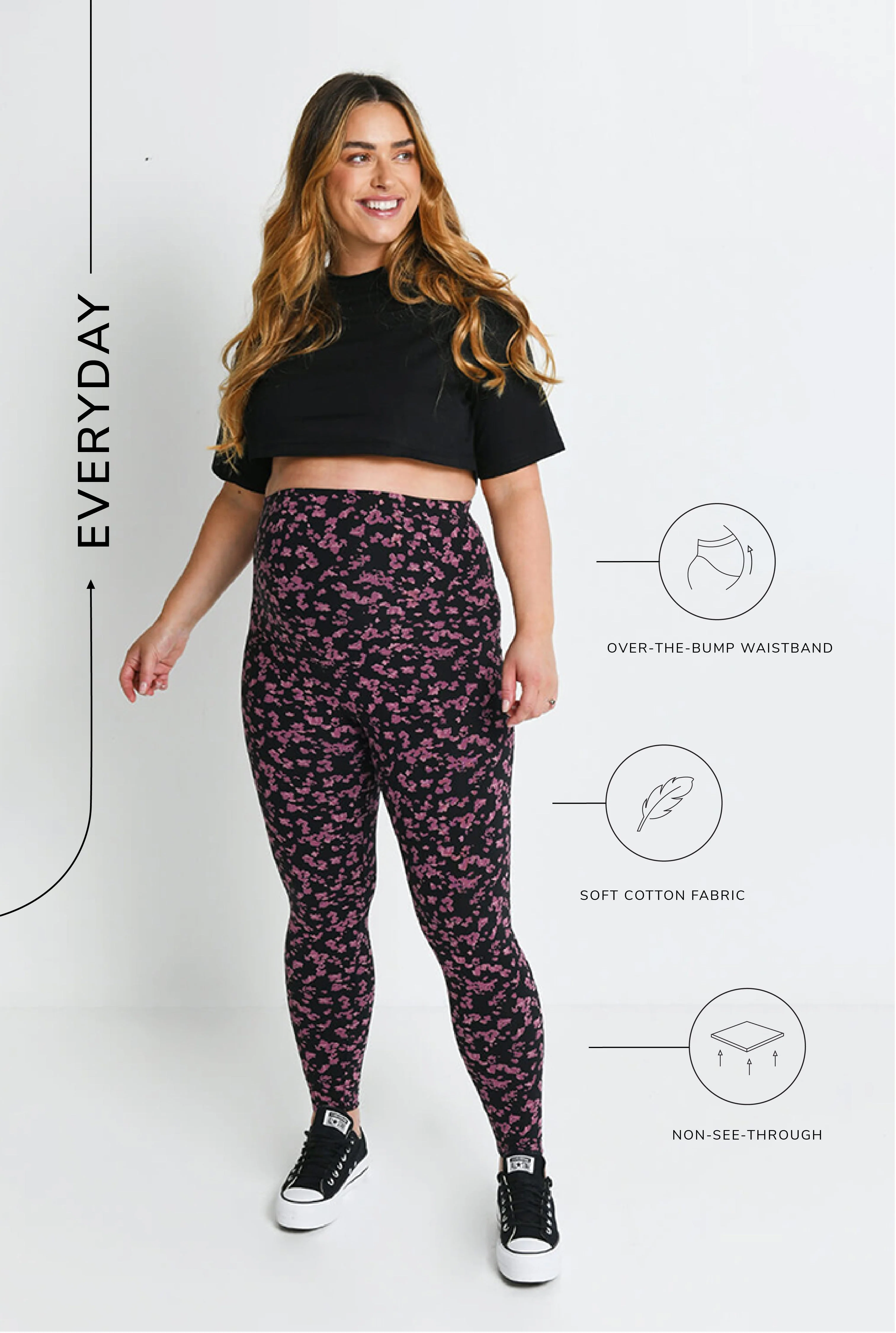 Maternity Everyday Leggings - Black/Burgundy Floral - Image 3